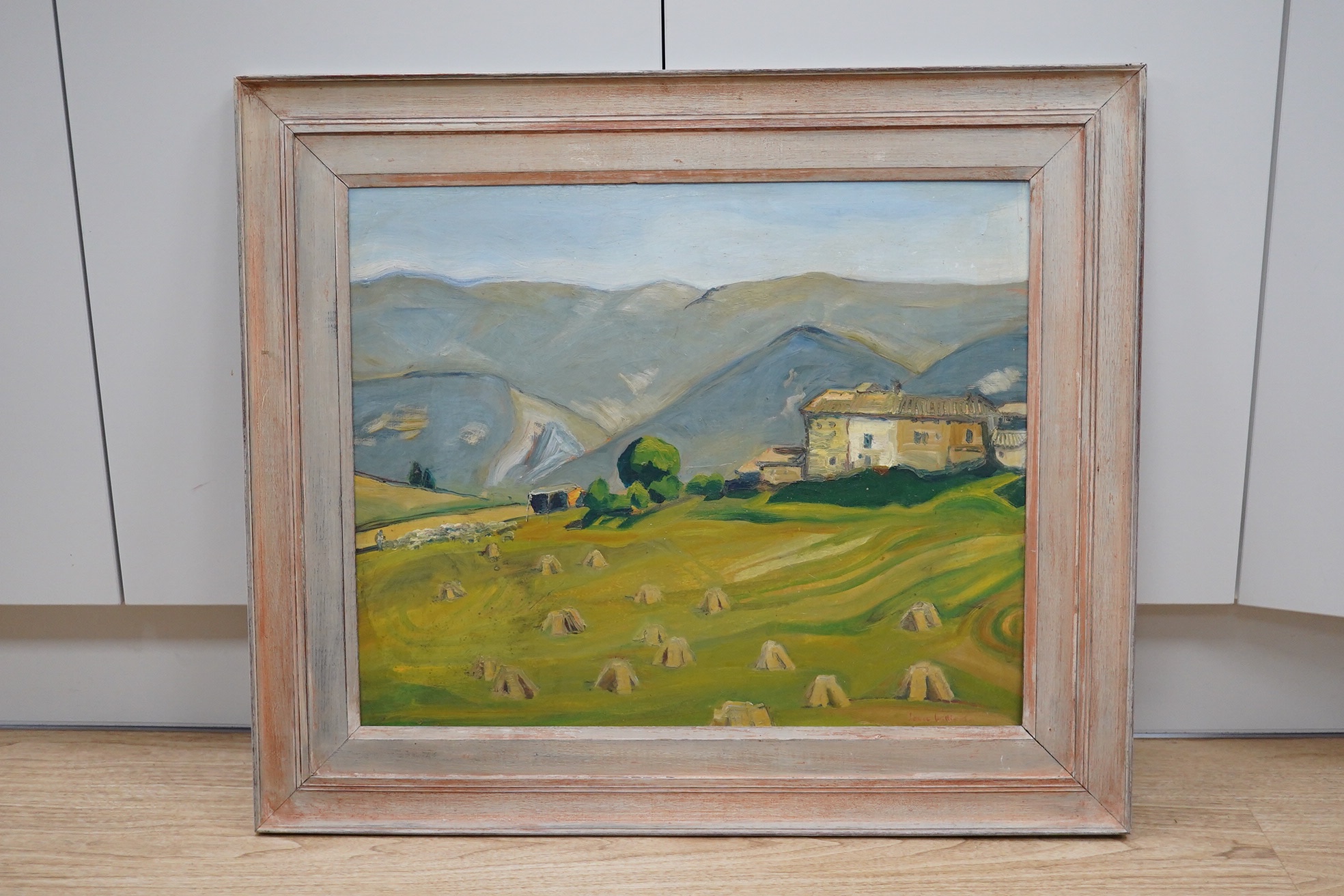 Joyce Williams, Welsh oil on board, Mountainous landscape with cottages, signed, 46 x 56cm. Condition - good